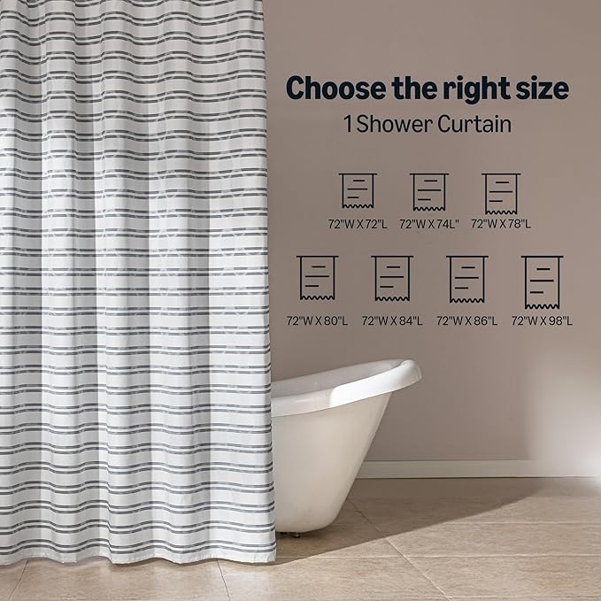 Amazon Basics Geometric Jacquard Fabric Shower Curtain for Bathroom, Lightweight, Waterproof and Washable, 72" W x 98" L, Grey Striped