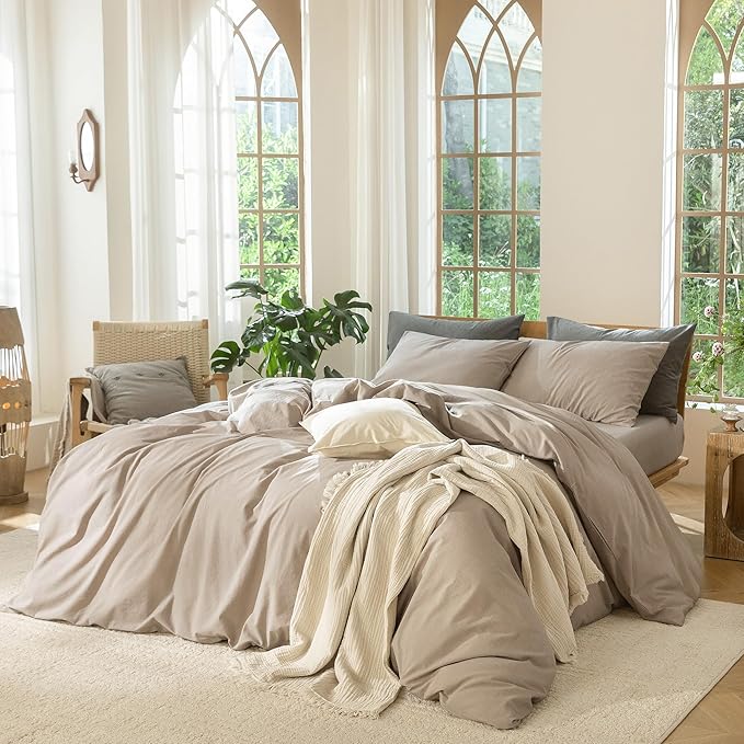 MooMee Bedding Duvet Cover Set 100% Washed Cotton Linen Like Textured Breathable Durable Soft Comfy (Heathered Taupe, Super Queen 90"x98")