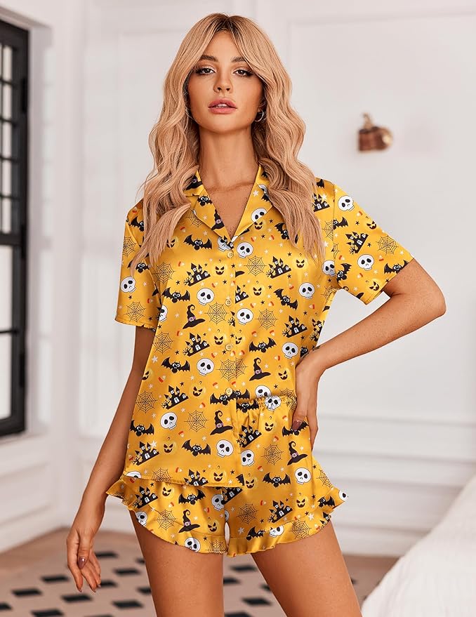 Ekouaer Womens Satin Pajamas Set Button Down 2 Piece Silk Pjs Shorts Set Ruffle Lingerie Notch Collar Sleepwear