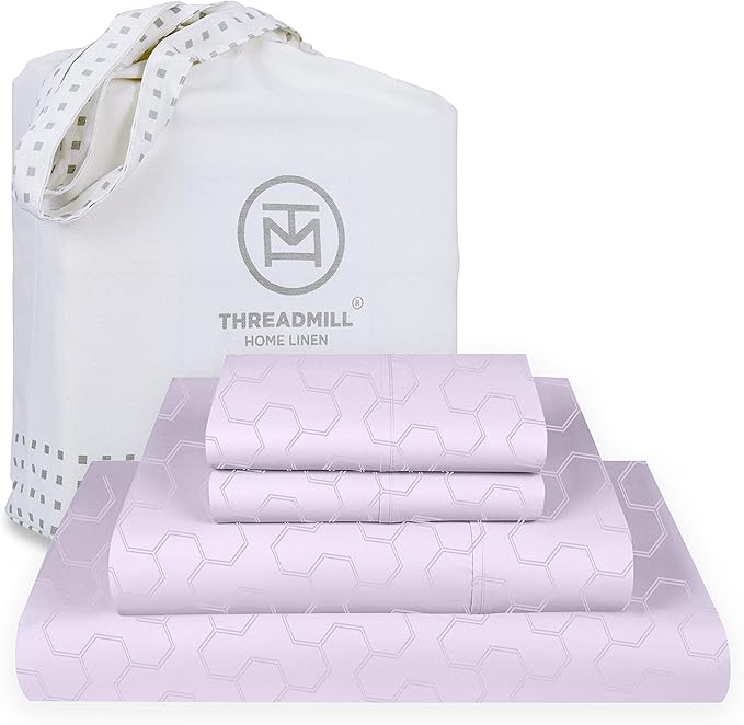 Threadmill Cotton Full Size Sheet Set | 500 Thread Count 100% Cotton Sheets for Full Size Bed | Damask Jacquard Full Bed Sheets Set 16” Deep Pocket | Soft Sateen 4-Piece Cooling Bedding Set | Lilac