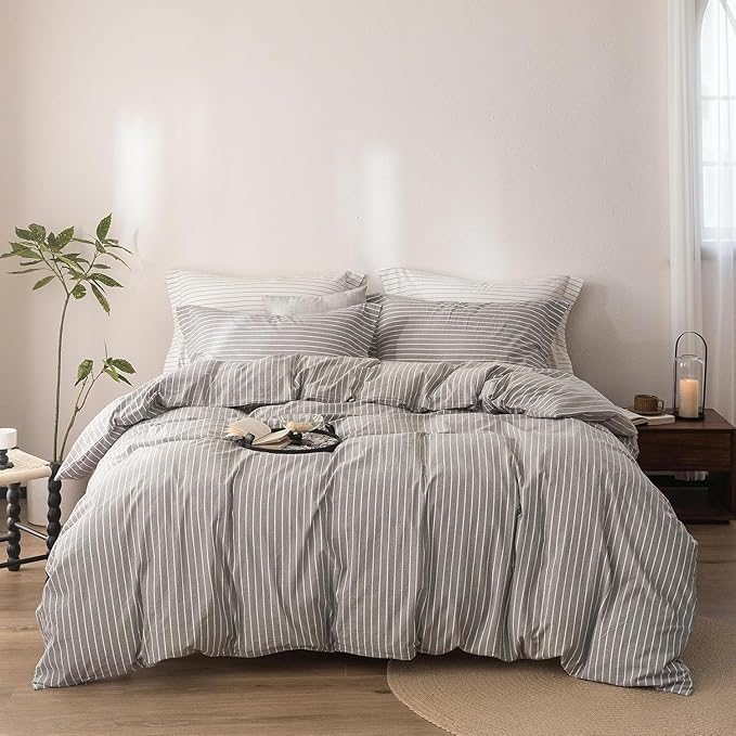Stripe Duvet Cover Full Size 90inch x 80inch, 100% Washed Cotton Linen Feel Duvet Cover with Zipper Closure and 2 Pillowcases, Color of Grey-White Stripe
