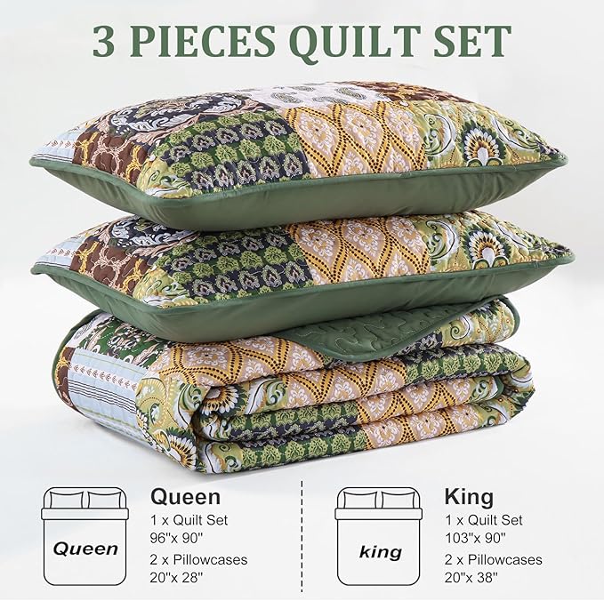 WONGS BEDDING Boho Quilt Set King Size, Plaid Patchwork Bedspread Bedding Set Soft Microfiber Quilt for King Bed Reversible 3 Pieces Coverlet Set for All Season (Brown Olive 104"x90")