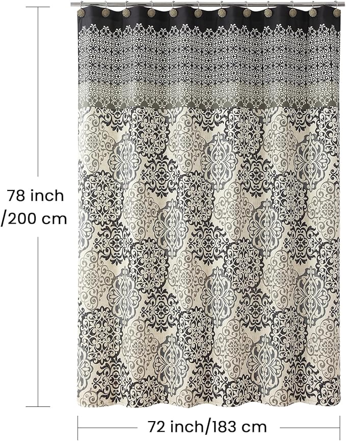Fabric Shower Curtain 78 Inches Long, Black and Beige Boho Medallion Print Shower Curtains for Bathroom, 72" W x 78" H
