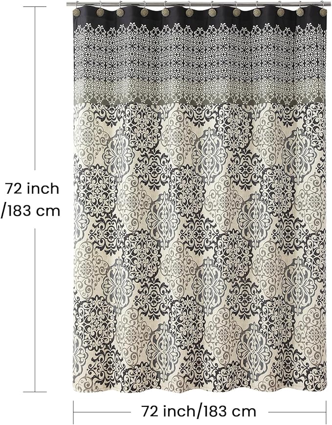 Fabric Shower Curtain, Black and Beige Boho Medallion Print Shower Curtains for Bathroom, 72" W x 72" H