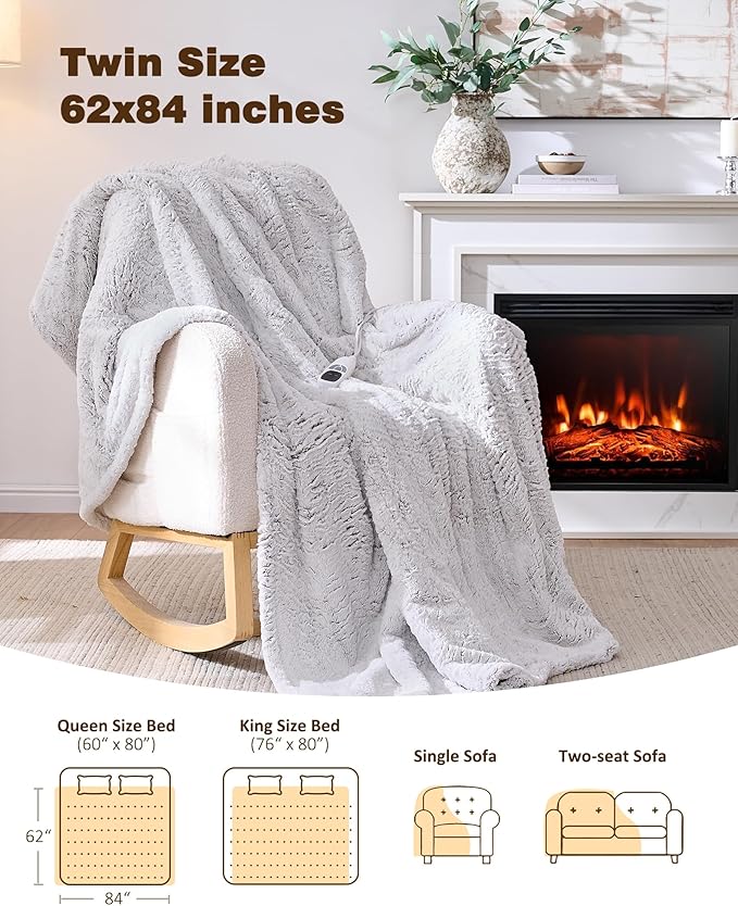 Electric Blanket Heated Twin 62"x84", Eelectric Blanket Clearance with 9 Heating Levels & 1-10H Timer, Silky Faux Fur, Auto Off, Fluffy Cozy Machine Washable Bedding, ETL Certified (Brushed White)