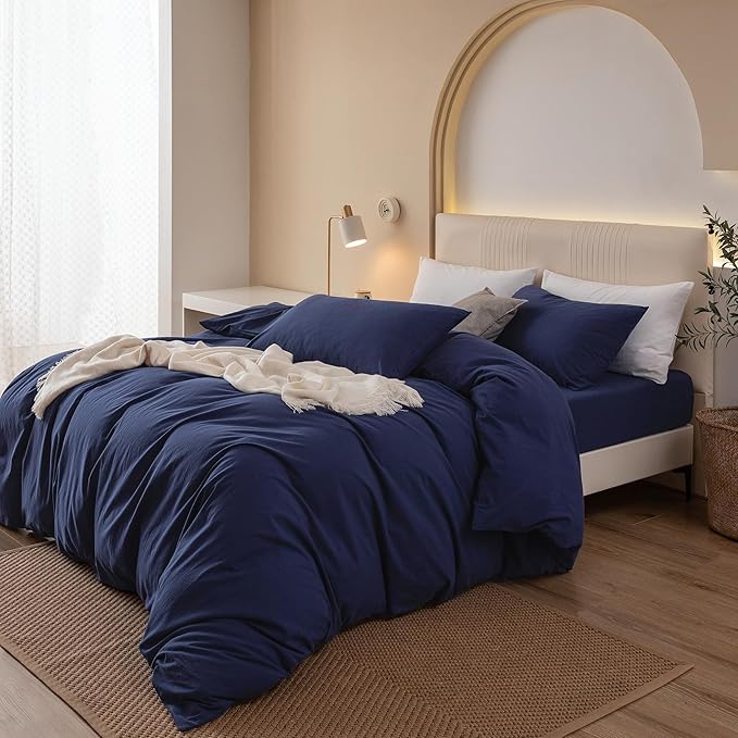 JIYUAN 100% Washed Cotton Duvet Cover Set 3 Pieces Full, 1 Duvet Cover 80x90 Inches(Comforter Not Included) and 2 Pillowcases,Linen Feel Bedding Set Comfy and Breathable,Navy Blue