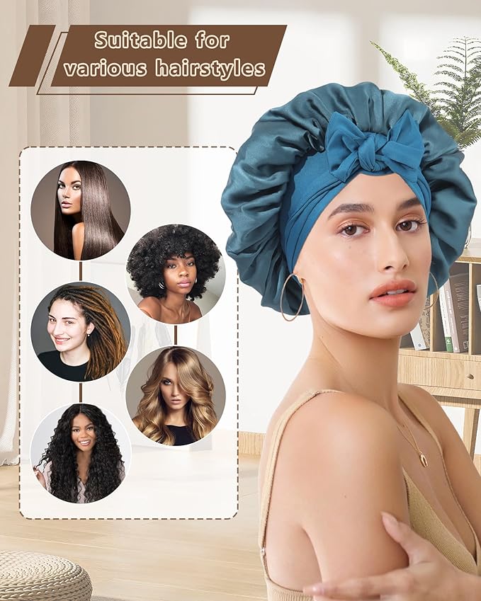 AWAYTR Women Satin Bonnet for Sleeping - Double Layer Silk Hair Bonnet with Elastic Tie Band for Braids Curly Hair