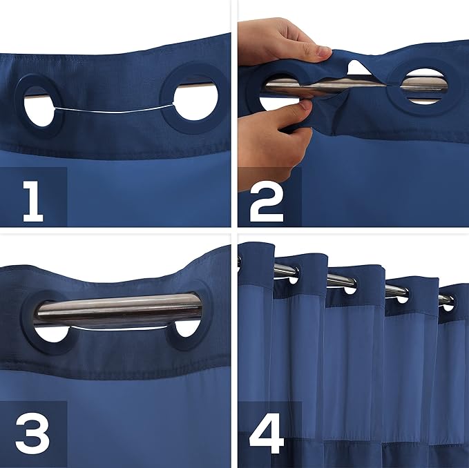 Extra Long No Hook Slub Textured Shower Curtain with Snap-in PEVA Liner Set - 71" x 86"(84"), Hotel Style with See Through Top Window, Navy Blue Fabric Curtain & Waterproof Liner, Navy Blue, 71x86