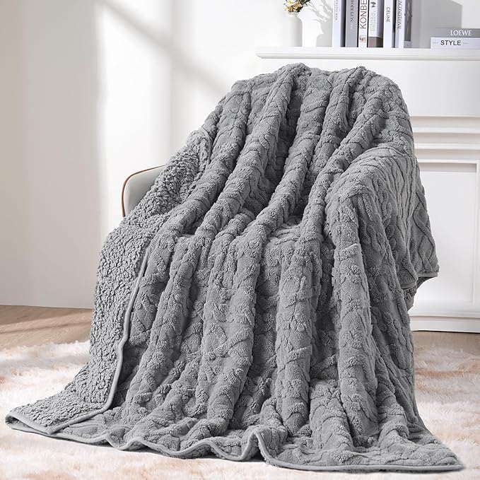 Topblan Weighted Blanket Twin Size 12 lbs, Soft Weighted Blanket with Doubled-Sized Shaggy Sherpa, Jacquard Knitted Stylish Warm Weighted Blankets Throw for Better Sleep, Grey, 48 x 72 inches
