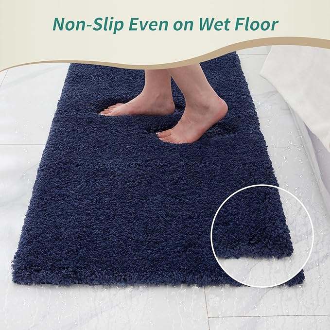 Navy Bathroom Rug 20x32 Non Slip Fluffy Bath Mat for Bathroom Floor Washable Plush Luxury Bath Rug for Tub Soft Shaggy Absorbent Shower Sink Mat