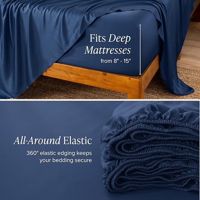 Bare Home 100% Rayon Made from Bamboo Luxury Twin Sheet Set - 3 Piece Bedding Set - Deep Pockets - Cooling Sheets - Breathable - Easy Fit - Soft Bedding Sheets & Pillowcases (Twin, Dark Blue)