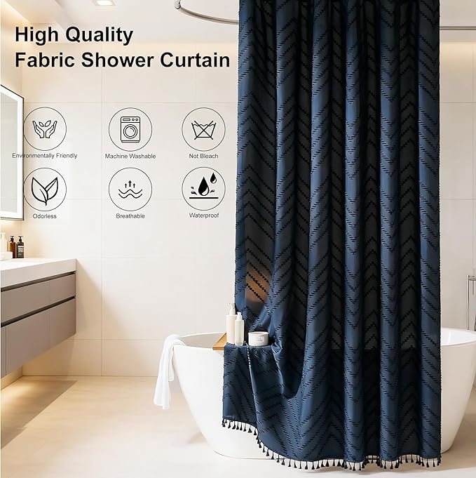 Extra Long Boho Navy Blue Shower Curtain, Woven Fabric Shower Curtain, 72 x 96, Tufted Striped Modern Chic Textured Cloth Shower Curtains Minimalist Bathroom Decor