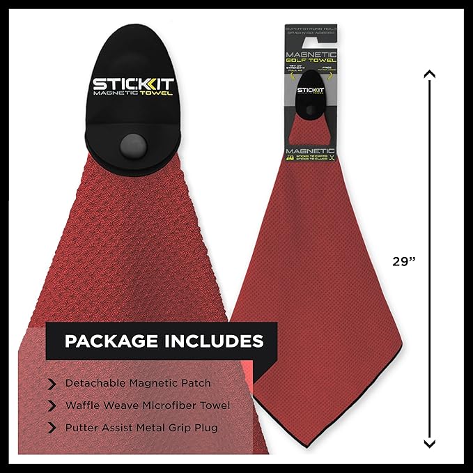 STICKIT Magnetic Golf Towel, Red, Premium 29" Microfiber with Deep Waffle Pockets, Industrial Strength Magnet for Secure Hold to Golf Carts & Clubs, Ultra-Absorbent, Fast-Drying, Easy-Clean Design