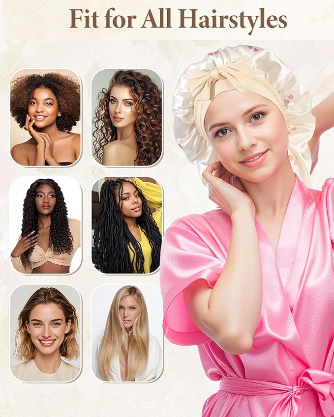 AWAYTR Long Satin Bonnet for Sleeping, Reversible Double Layer Hair Bonnet with Elastic Tie Band (Cherry Print+Beige)