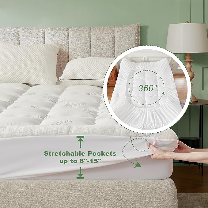 BEDLORE Full Size Mattress Topper Viscose Derived from Bamboo, Thick Pillow Top Mattress Pad with Stretchable Pockets for 6-15 inches Mattress, Breathable Mattress Topper for Back Pain Relief
