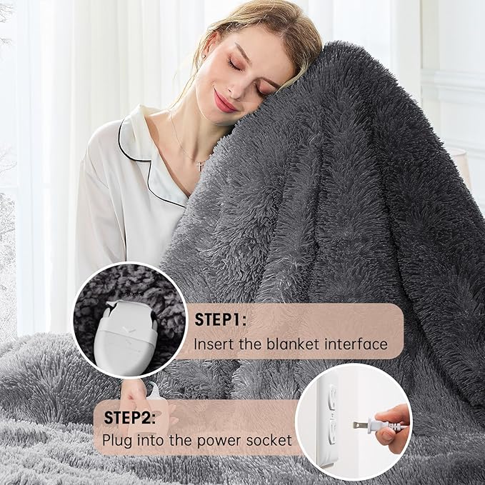 Heated Electric Blanket Throw–Faux Fur with Soft Thick Sherpa,Warm Winter Birthday Gifts for Women Grandma，10 Heat Settings,5 Time Settings with Fast Heating, 50x60, Foggy Dusk