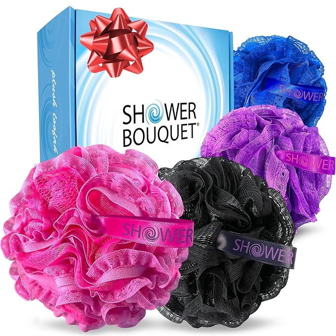 Loofah-Bath-Sponge Hot-Lacey-Mesh // 4-Sexy-Lace-Colors by Shower Bouquet / 2-Scrubs-in-1 Large Full 60g Pouf Body Luffa Loofa Loufa Puff - Exfoliate, Cleanse Skin with Luxurious Bathing Accessories