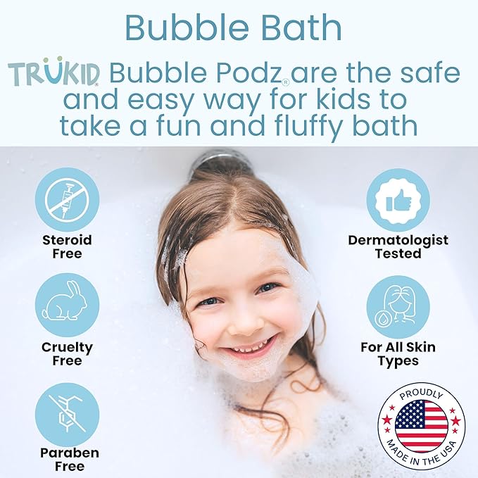 TruKid Bubble Podz Bubble Bath for Kids, Toddlers, & Babies, Tear Free Gentle & Refreshing Bath Bomb for Sensitive Skin with Natural Moisturizers, Non-Toxic, pH Balanced, Eucalyptus Scent (60 Podz)
