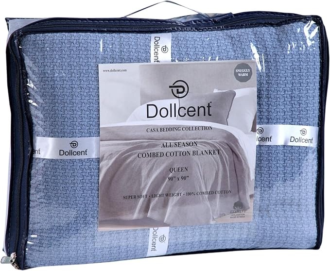 DOLLCENT 100% Cotton California King Size Blanket For Bed, Premium Combed Lightweight Blankets, Washed Breathable Cozy Bed Throw Blanket, Blue Cal King Cotton Blankets For All Season: Blue (102"x108")