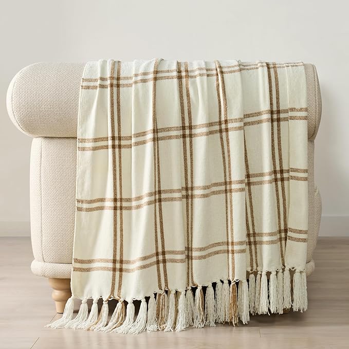 EVERGRACE Plaid Chenille Throw Blanket for Couch, Super Soft Cozy Decorative Windowpane Grid Plaid Throw with Tassels, Lightweight Chenille Knit Throw for Bed Sofa Gift, Cream & Beige 50"x60"