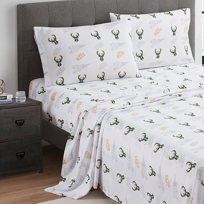 NORTHWEST Officially Licensed Milwaukee Bucks NBA Full Size Sheet Set – Soft Team Logo Bedding for Dorms, Bedrooms, Fan Caves & Game Day Style