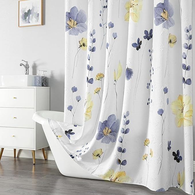 QiyI Extra Long Shower Curtain 72 x 84, Modern Watercolor Floral Shower Curtain, 3D Embossed Blue Yellow Flower Cloth Bathroom Curtain, Waterproof Fabric Farmhouse Bath Curtain Set with Hooks