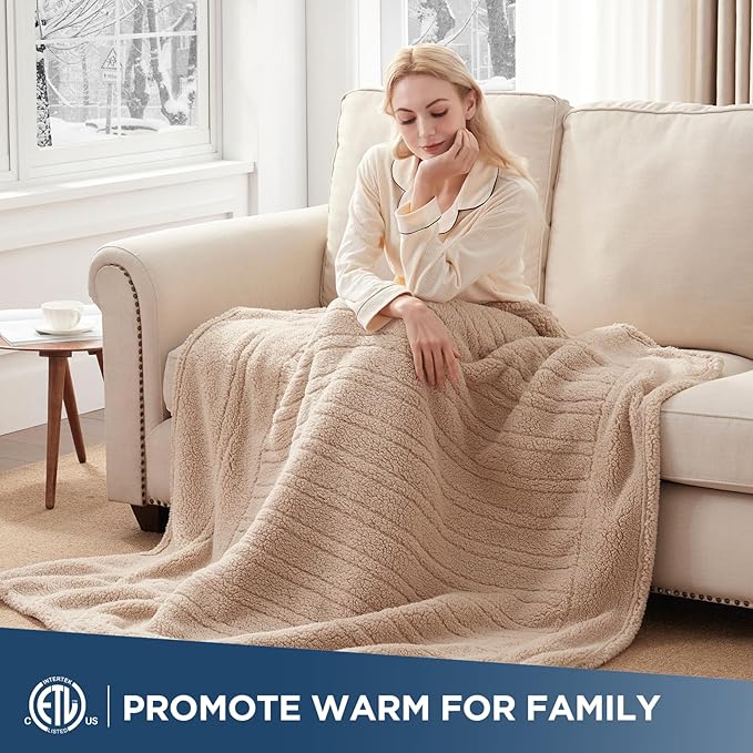 Westinghouse Electric Blanket Throw Size, Soft Plush Sherpa Heated Blanket with 6 Heating Levels & 2-10 Hours Auto-Off, Machine Washable, 50x60 inches, Camel
