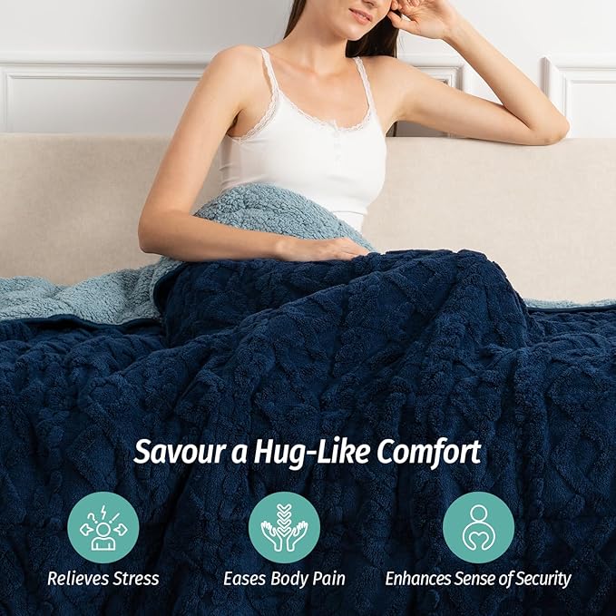 Wemore Weighted Blanket for Adults Twin Size 15 lbs, Dual Sided Soft Fuzzy Jacquard Sherpa Weighted Blankets for Sleeping, Cozy Fluffy Knitted Heavy Blanket for Couch Bed, Navy Blue, 60 x 80 inches