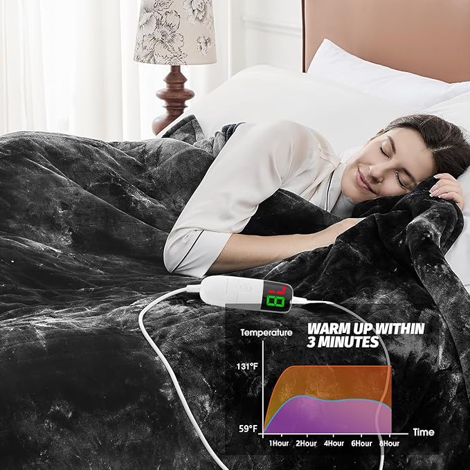 greenoak Heated Electric Blanket Throw, Faux Fur Sherpa Heating Blanket for Sofa Bed, Warm Winter Gifts for Women/Men, Heater Lap Blankets 5-Position Timer &10 Heating Levels 50''*60" Black