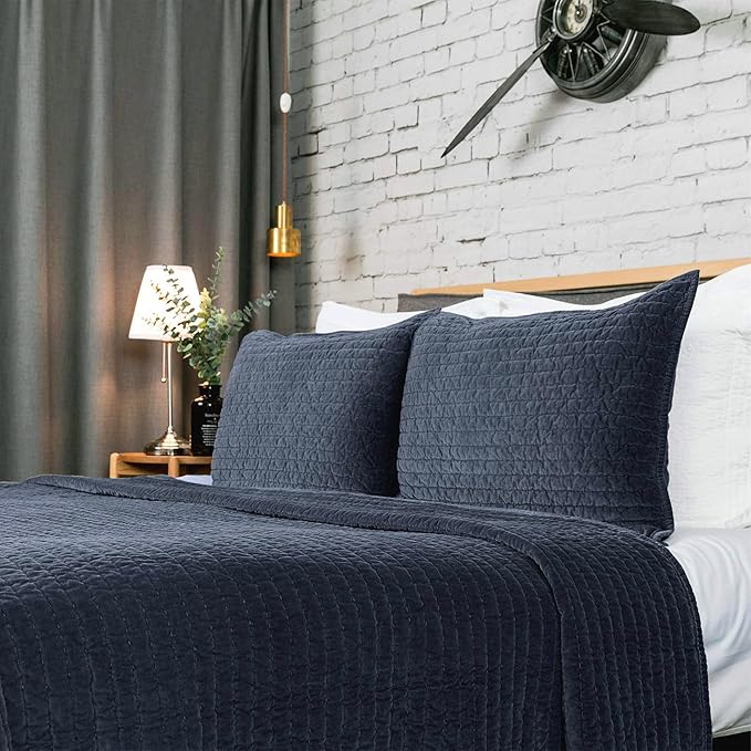 Elegant Life Home Reversible Royal Cotton Velvet Pic-Stitch Bedding Quilt - Queen Quilt - 88" x 92", Dusty Blue