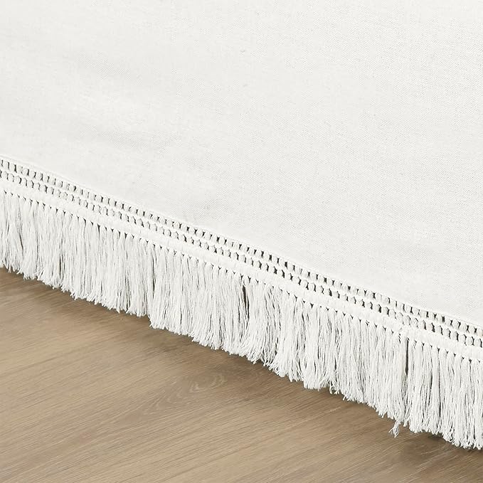 Lush Decor Boho Fringe 15-Inch Tailored Drop Easy Fit Bedskirt, Queen, Pure White