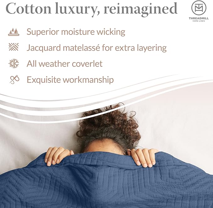 Threadmill Luxury Cotton Blankets for Queen Size Bed | All-Season 100% Cotton Queen Size Blanket | Aster Cozy Lightweight, Soft Breathable Coverlet fits Full Size Bed, 90x92 | Folkstone Blue