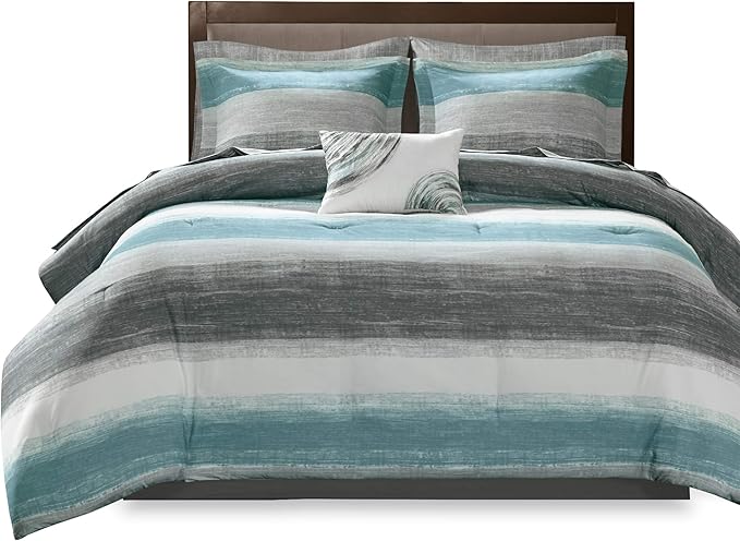 Madison Park Essentials Cal King Comforter Set, Bed in a Bag, Watercolor Print Coastal Comforter & Chambray Cotton Sheet Set, All Season Bedding Set, Saben, Aqua Cal-King (104 in x 92 in) 9 Piece