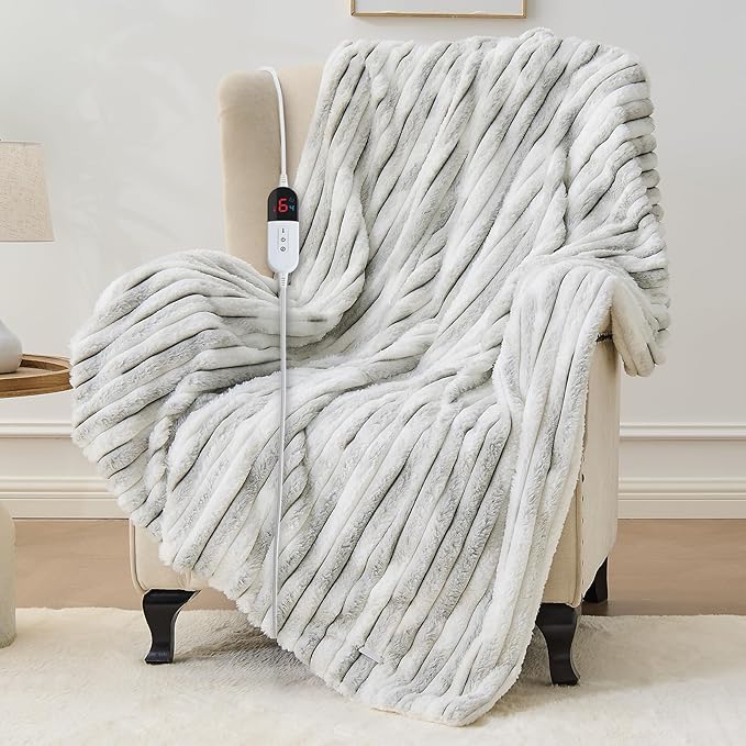 Heated Blanket Throw - 50"x60" Fast Heating Bed Electric Blankets Throw with 6 Heating Levels & 4 Hours Auto Off, Soft Ribbed Faux Fur Sherpa, Over-Heated Protection ETL, Light Gray