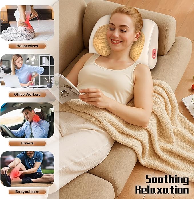 Shiatsu Back and Neck Massager with Heat,3D Electric Kneading Deep Tissue Massage Pillow for Muscle Pain Relief,Cordless Portable Massage for Neck,Shoulder,Leg,Back,Use for Home,Car,Office,Travel