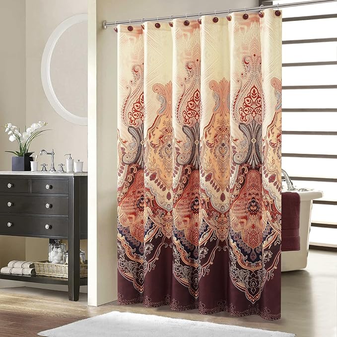 Shower Curtain 72x72 Inches, Water Repellent Fabric with Gold and Brown Baroque Pattern, 12 Metal Grommets and Weighted Hem
