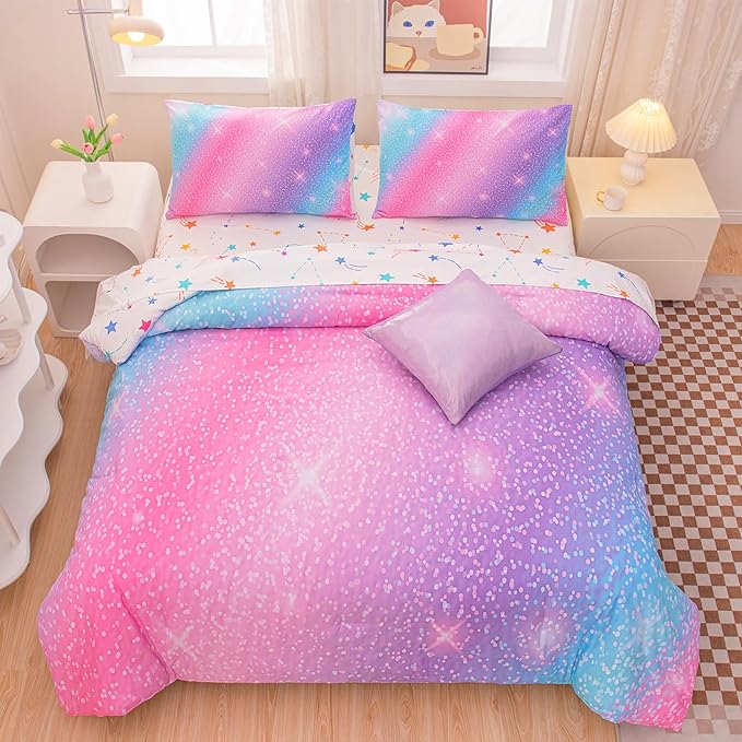 Rainbow Bedding Set Full Size – 6-Piece Reversible Girls Comforter with Deep-Pocket Sheet, Gradient Galaxy Design, Whole-Piece Filling, Machine Washable Bed-in-a-Bag for Kids Room Makeover & Gifts