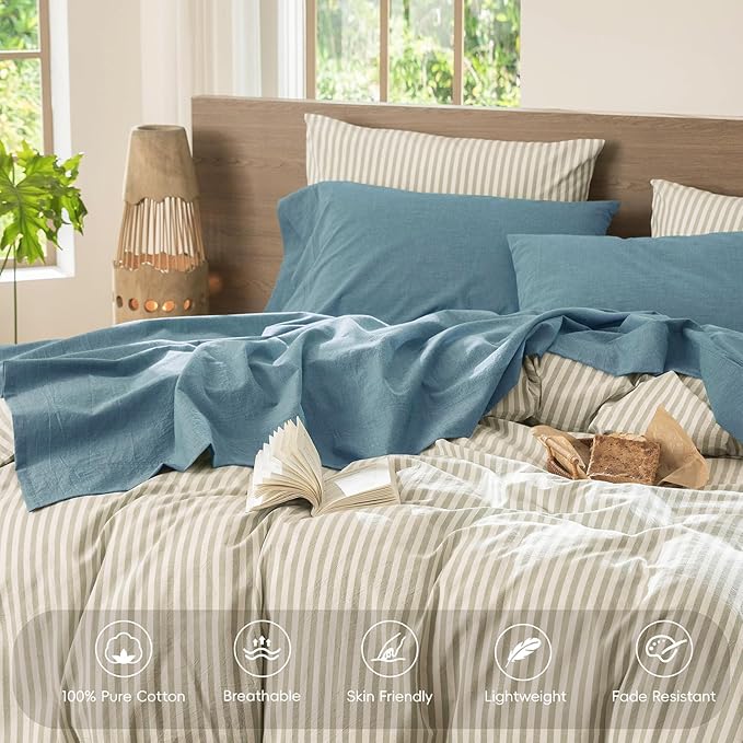 MooMee Bedding Sheet Set 100% Washed Cotton Linen Like Textured Breathable Durable Soft Comfy (Heathered Peacock Blue, King)