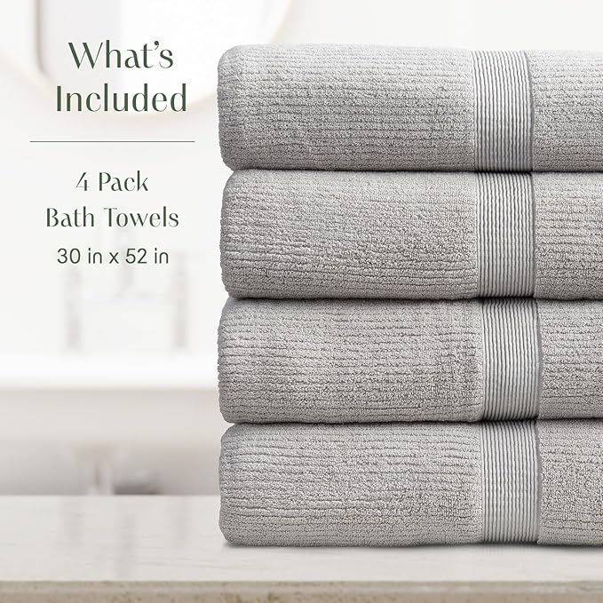 Springtree Home Grey Bath Towels Set of 4 | Ribbed Textured | 100% Combed Cotton | Absorbent Quick-Dry Gray Towels for Bathroom | Oeko-TEX® Standard 100 Cotton | Mauro Collection - High Rise Grey