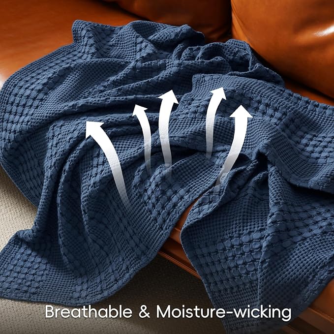 PHF 100% Cotton Waffle Weave Blanket King Size for Bed, Soft Lightweight & Breathable, All-Season Comfort, Luxury Aesthetic Woven Bedding for Home Decor, 108"x90", Blue Sapphire