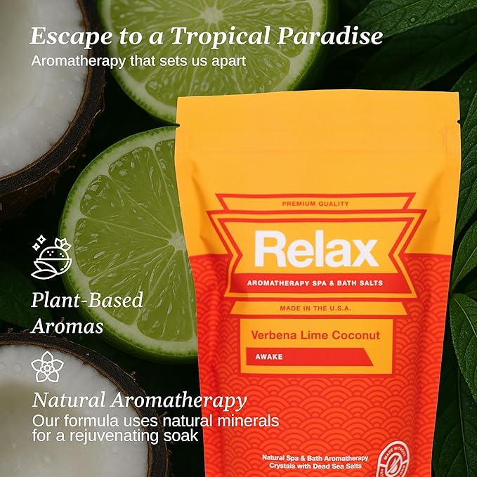 Relax Spa & Bath, Epsom & Dead Sea Salts, Aromatherapy Bath Salts for Hot Tub, Bath, or Spa, Infused with Magnesium, Verbena Lime Coconut Scent