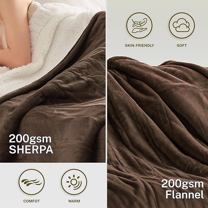 Heat Blanket 62”x84” Twin Size,Soft Flannel & Sherpa Reversible Electric Blanket with 10 Heat Settings,12 Timer Setting and 8 Hours Auto-Shut Off,ETL Certified Machine Washable,Dark Brown