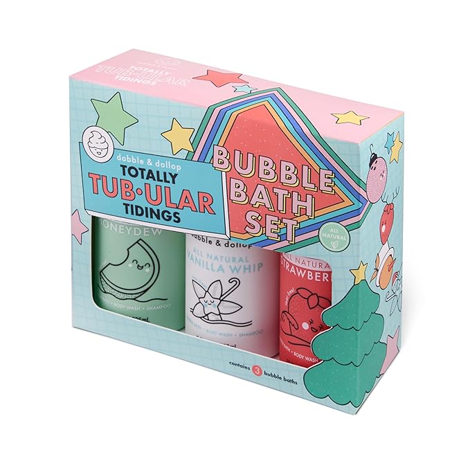 Dabble & Dollop Totally Tub-ular Tidings Bubble Bath Set - Holiday Gift Bundle with Three Mixable 3-in-1s - Bubble Bath Body Wash and Shampoo - Strawberry, Honeydew & Vanilla