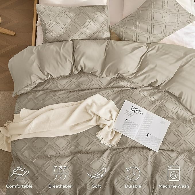 JELLYMONI Duvet Cover Twin Size Khaki - 3PCS Boho Duvet Cover Set Plaid Polyester Tufted Bohemian Jacquard Knit Textured Comforter Cover 68×90in Rhombic Geometric Pattern Corner Ties & Zipper