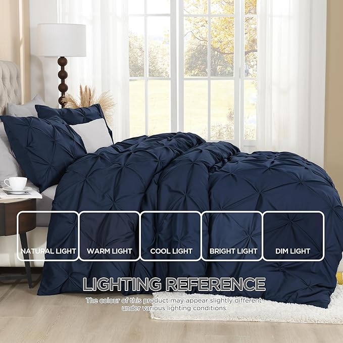 Litanika Navy Blue Pinch Pleat Duvet Cover King, 3 Pieces Pintuck Cover Soft Microfiber Bedding Set with Zipper Closure & Corner Ties(104x90Inch-1 Duvet Cover, 2 Pillowcases)
