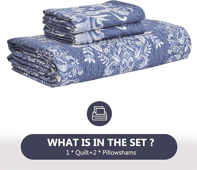 100% Cotton Quilt Set Queen Size - Damask Pattern Quilted Comforter, Vintage Reversible Queen Quilt Bedspread, Lightweight Bedding for Queen Bed, 3pcs, Blue