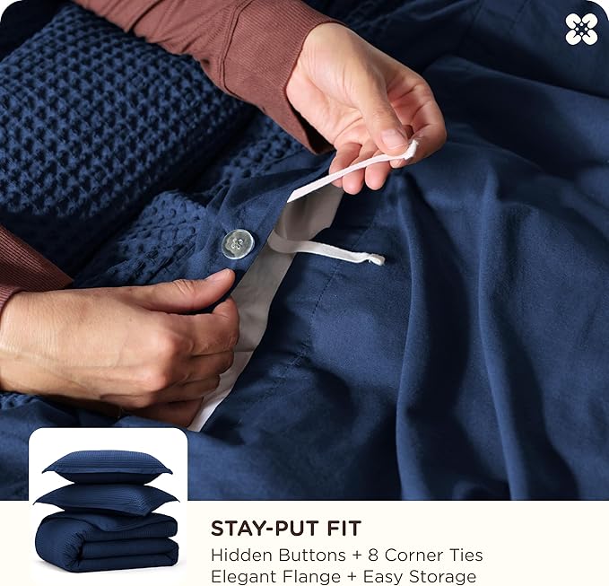 Bedsure Cotton Duvet Cover King - 100% Cotton Waffle Weave Navy Blue Duvet Cover King Size, GentleSoft™ and Breathable Bedding Set for All Season, 3 Pieces, 104"x90"