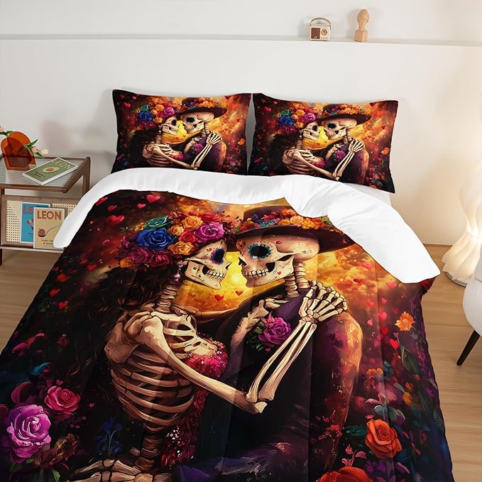 Skull Printed Comforter Set Queen Size,Skeleton Couple Embrace Bedding Romantic Flower Comforter Set for Kids Girls Room Decor,Artistic Aesthetics Bedding Set with 2 Pillowcases.