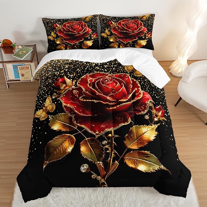 Gold Red Rose Comforter Set Full Size,Golden Glitter Butterfly Pattern Bedding for Girls Women Couple Lover,Romantic Floral Themed Bedding Set with 2 Pillowcases.