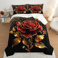 Gold Red Rose Comforter Set Full Size,Golden Glitter Butterfly Pattern Bedding for Girls Women Couple Lover,Romantic Floral Themed Bedding Set with 2 Pillowcases.